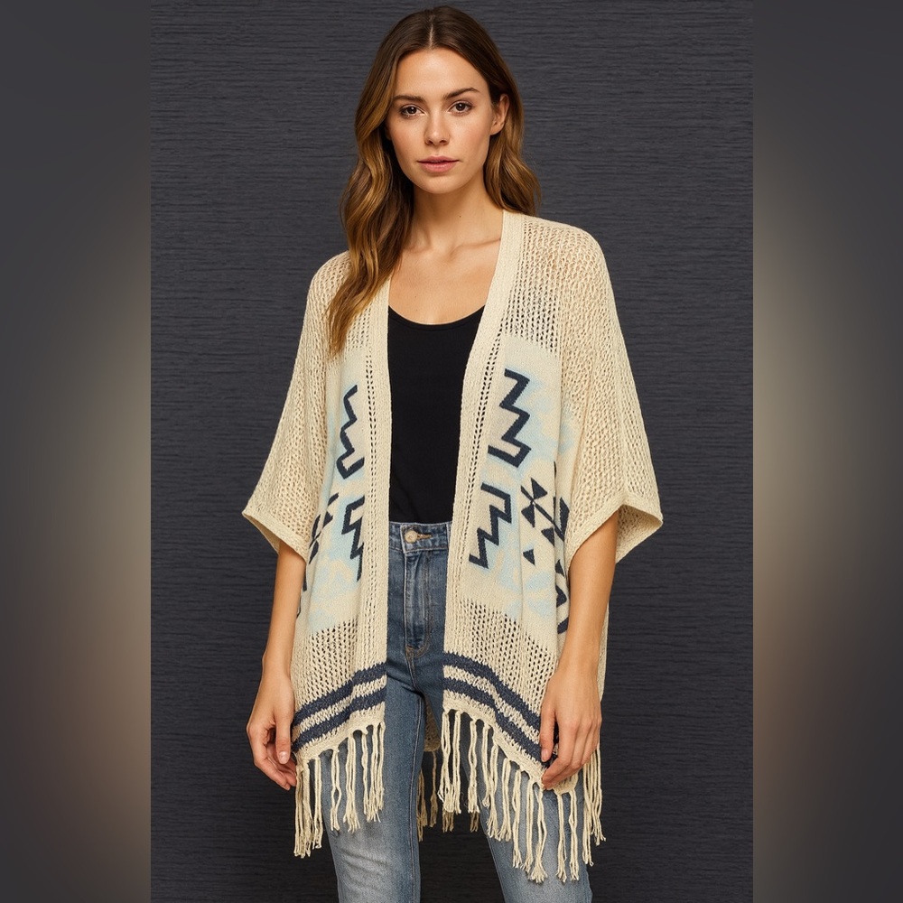 Areve Crochet Aztec Kimono Cardigan One Size Tassels Cream Boho‎